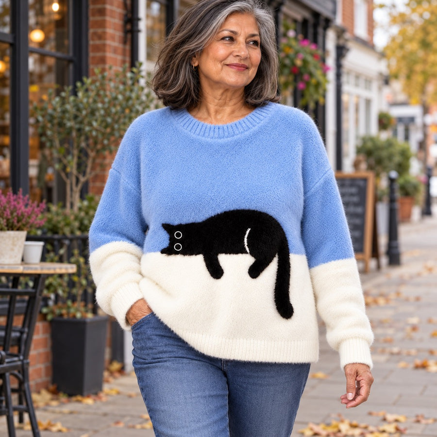 Edna Sleeping Cat Colour-Block Jumper in Blue, worn out and about