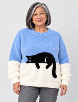 Edna Sleeping Cat Colour-Block Jumper in Blue