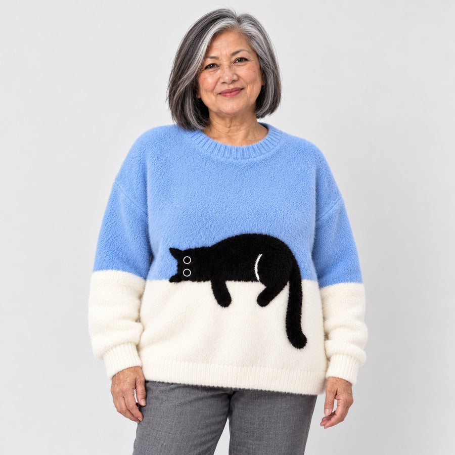 Edna Sleeping Cat Colour-Block Jumper in Blue