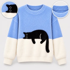 Edna Sleeping Cat Colour-Block Jumper in Blue, with close-ups of the details