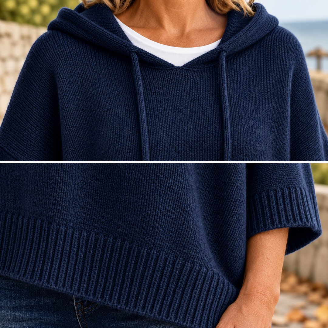 Close-up of the Eileen Oversized Hooded Knit Jumper in Navy: hood, drawstrings and ribbed hem