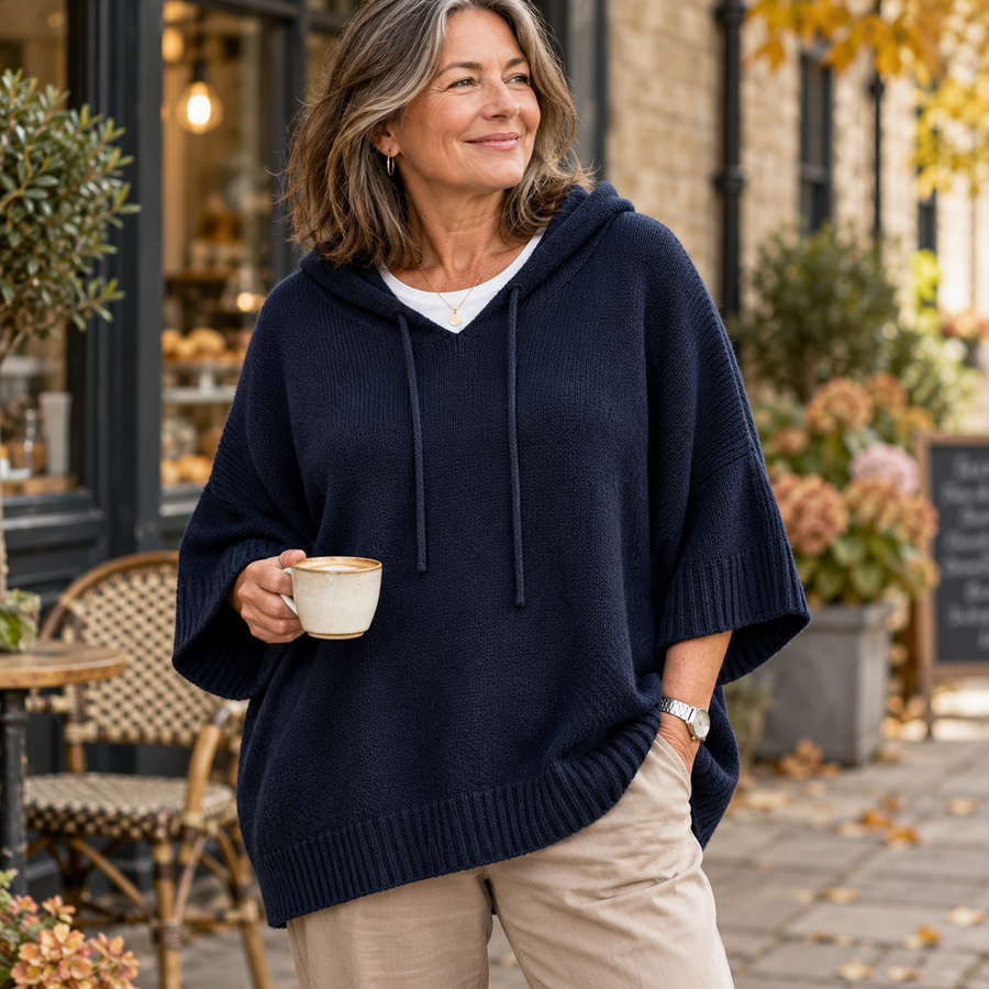 Eileen Oversized Hooded Knit Jumper in Navy, worn out and about