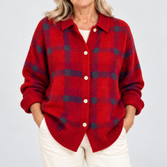 Close-up of the Elspeth Heritage Check Collared Knit Cardigan in Red