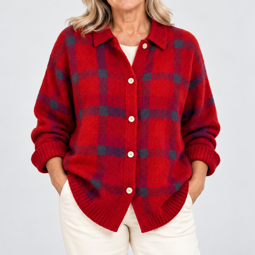 Close-up of the Elspeth Heritage Check Collared Knit Cardigan in Red
