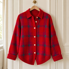 The Elspeth Heritage Check Collared Knit Cardigan in Red on a hanger