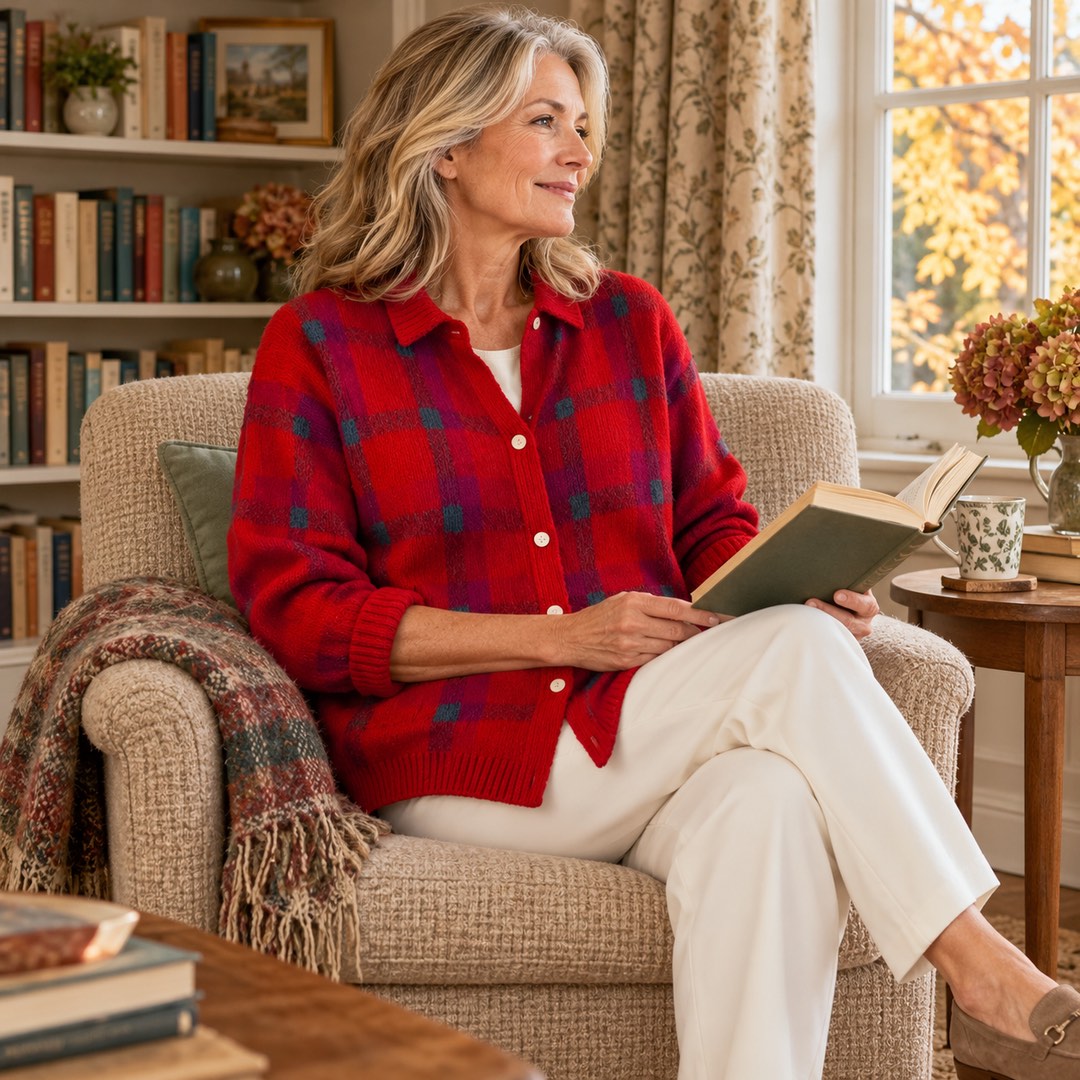 A woman wearing the Elspeth Heritage Check Collared Knit Cardigan in Red