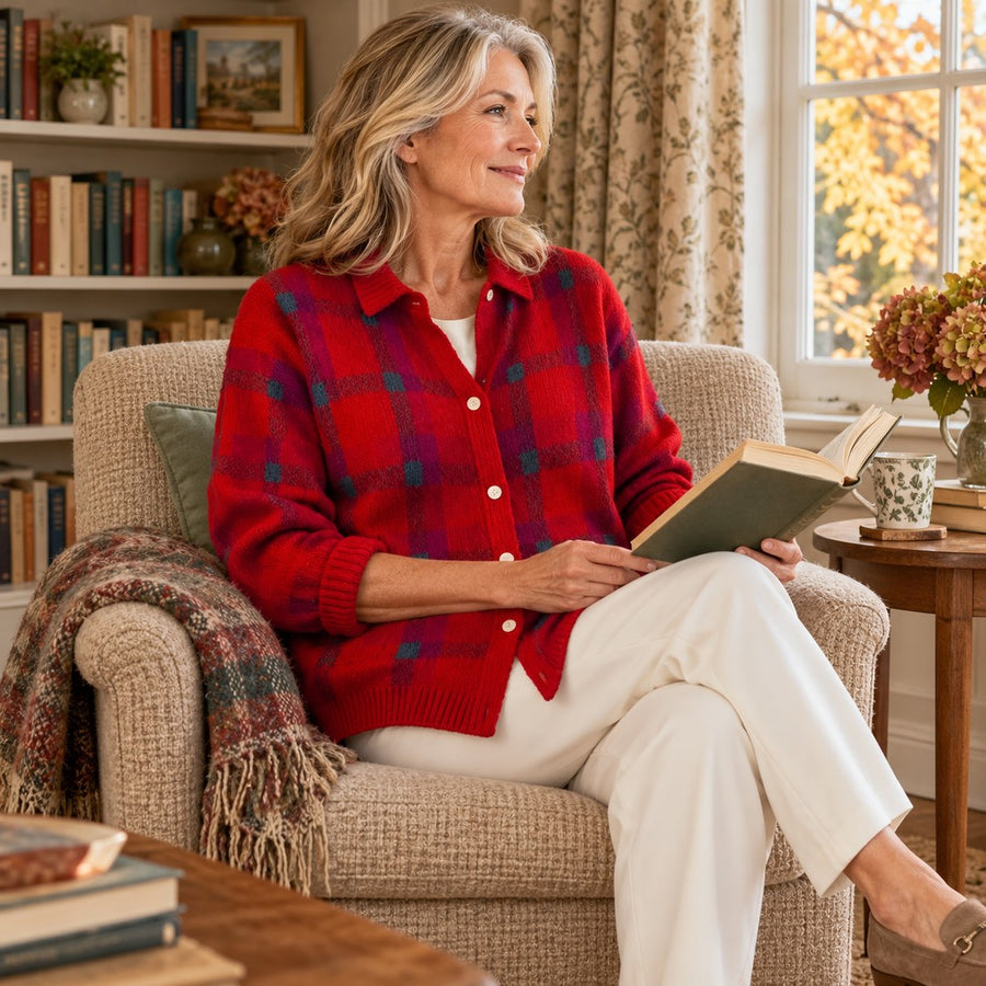A woman wearing the Elspeth Heritage Check Collared Knit Cardigan in Red