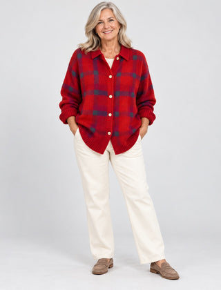 The Elspeth Heritage Check Collared Knit Cardigan in Red