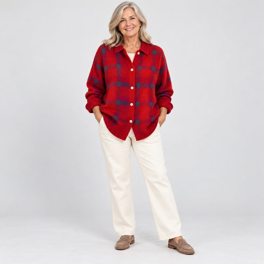 The Elspeth Heritage Check Collared Knit Cardigan in Red