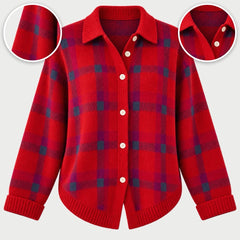 The Elspeth Heritage Check Collared Knit Cardigan in Red, with close-ups of the details
