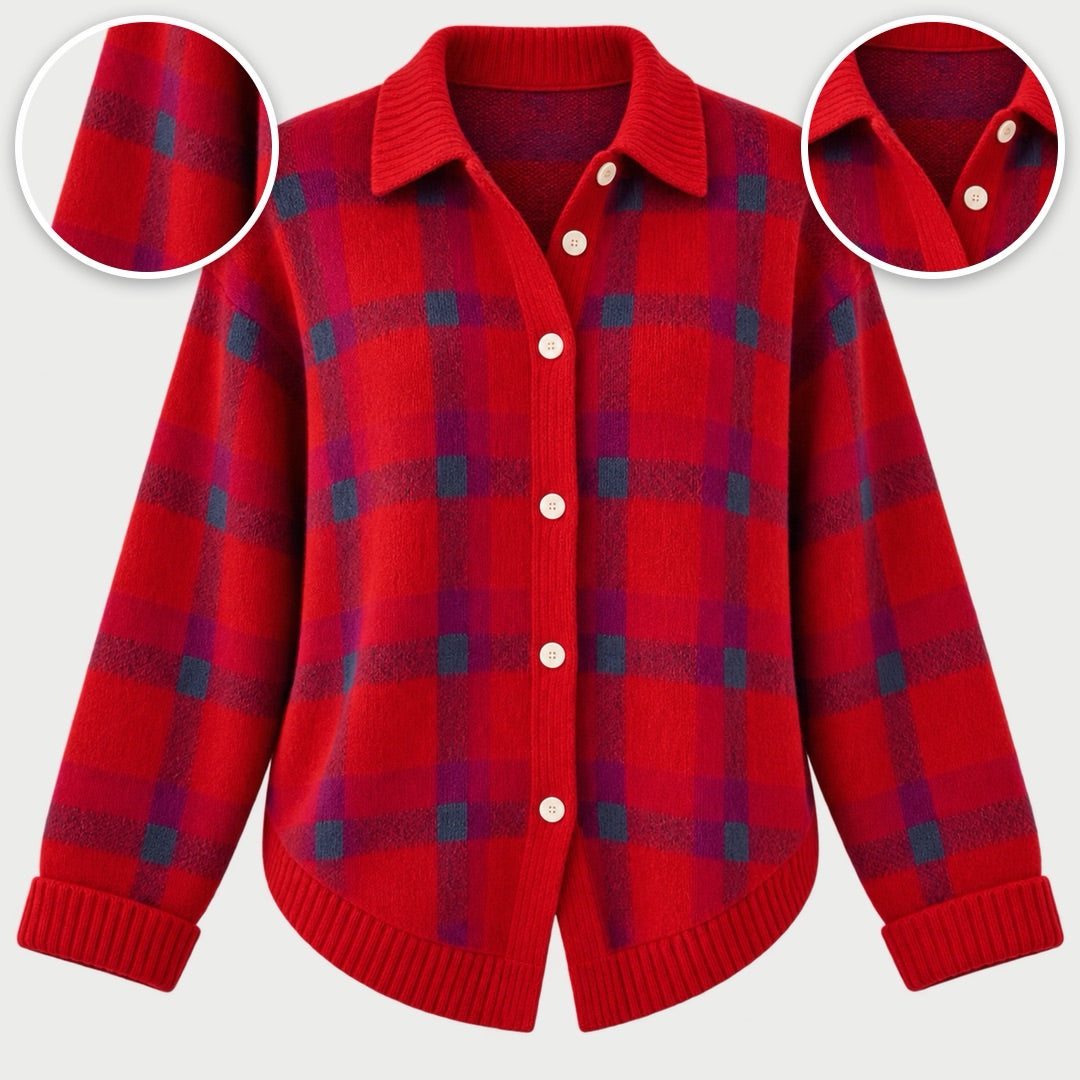 The Elspeth Heritage Check Collared Knit Cardigan in Red, with close-ups of the details