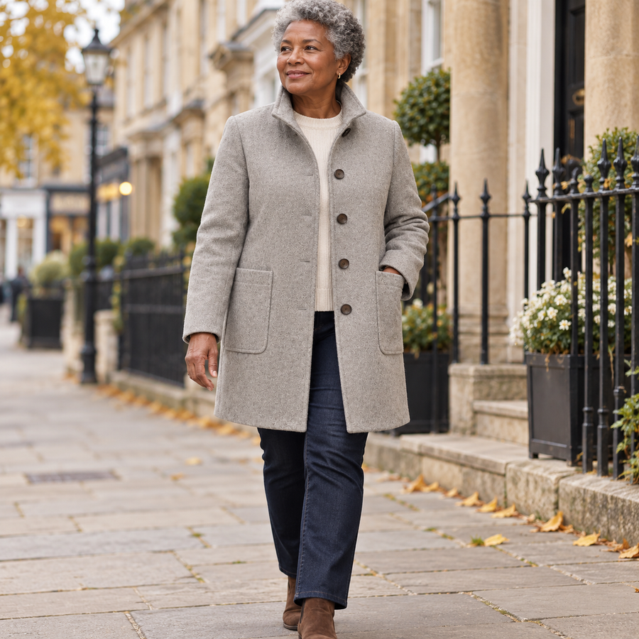 Eunice Classic Stand Collar Button Coat in Grey, worn out and about