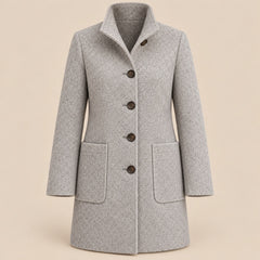 Eunice Classic Stand Collar Button Coat in Grey, the whole piece laid flat