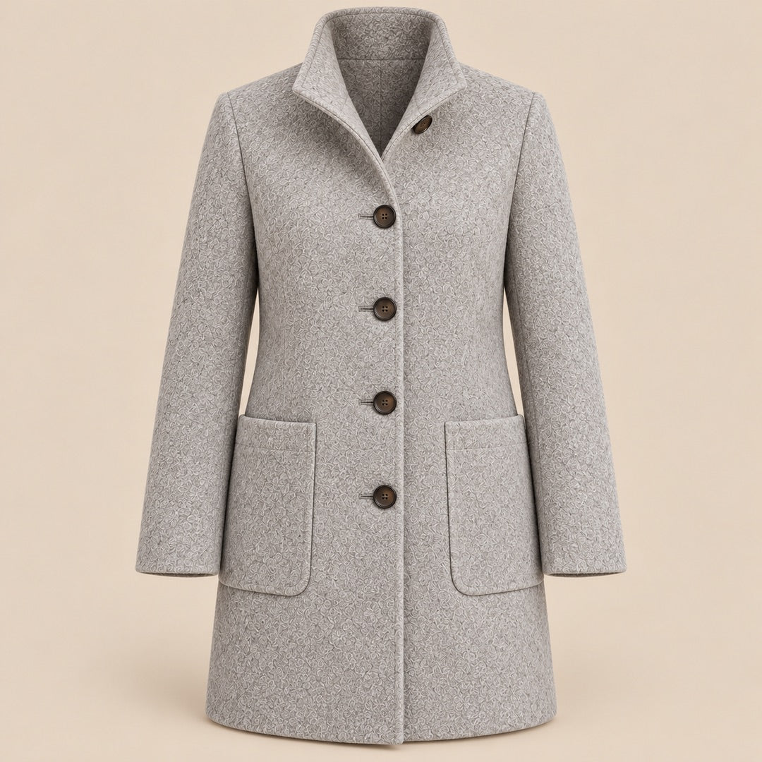 Eunice Classic Stand Collar Button Coat in Grey, the whole piece laid flat