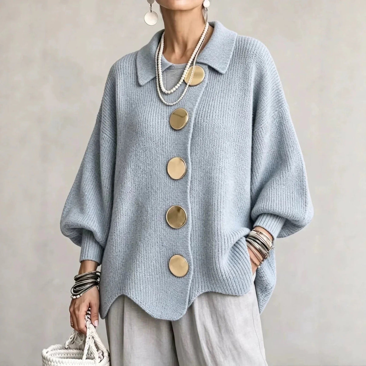 Jacqueline Collared Gold Button Knit Cardigan