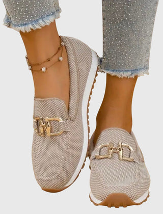 Judy | Gold Buckle Knit Loafer Trainers