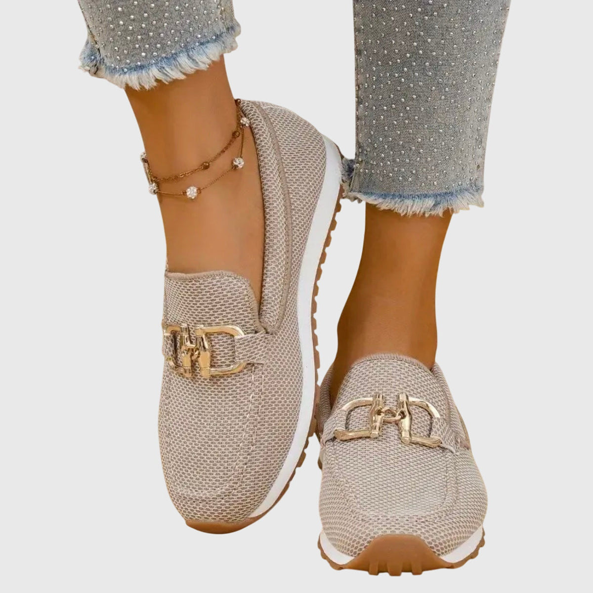 Judy | Gold Buckle Knit Loafer Trainers