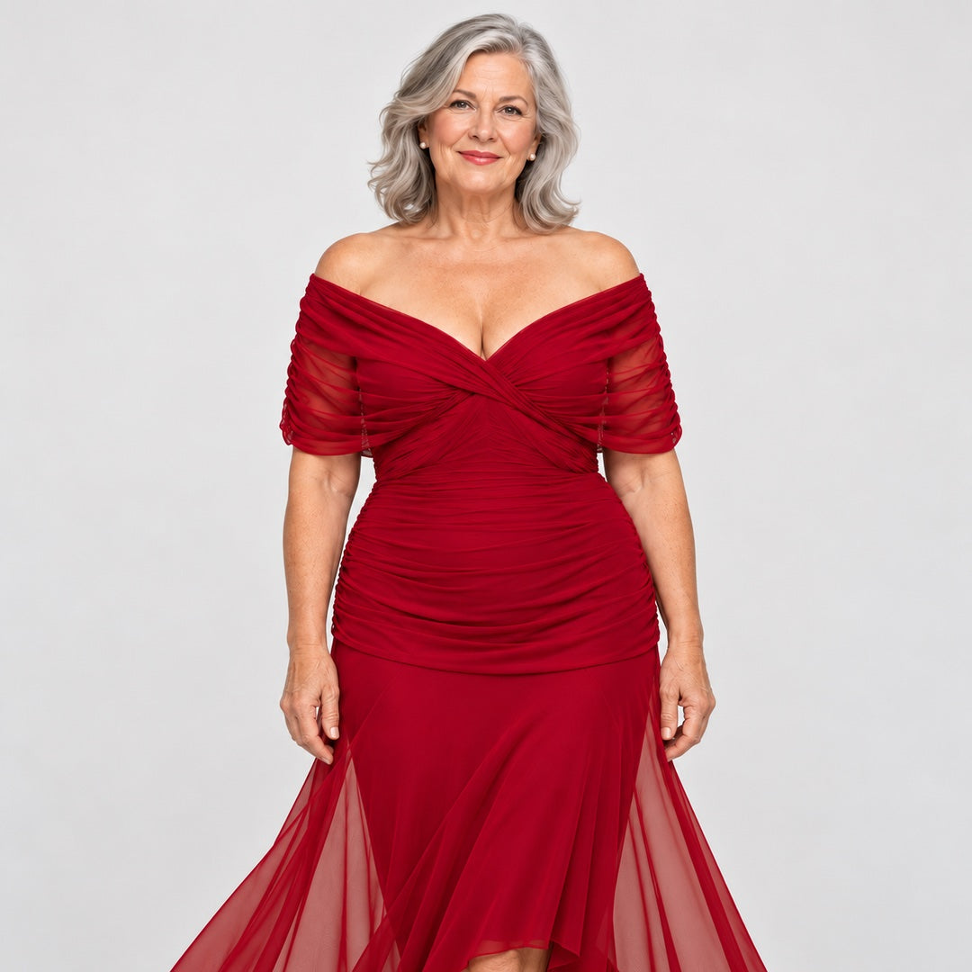 Close-up of the Felicity Draped V-Neck Chiffon Evening Maxi Dress in Deep Red
