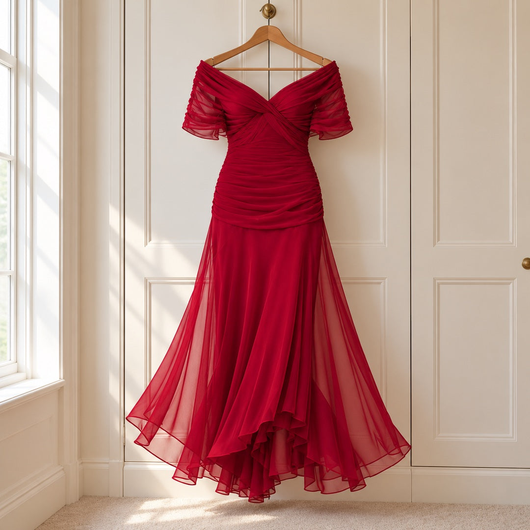 The Felicity Draped V-Neck Chiffon Evening Maxi Dress in Deep Red on a hanger