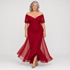 The Felicity Draped V-Neck Chiffon Evening Maxi Dress in Deep Red