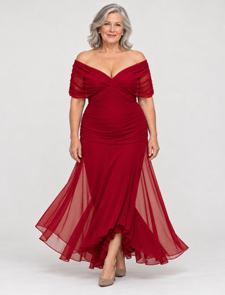 The Felicity Draped V-Neck Chiffon Evening Maxi Dress in Deep Red
