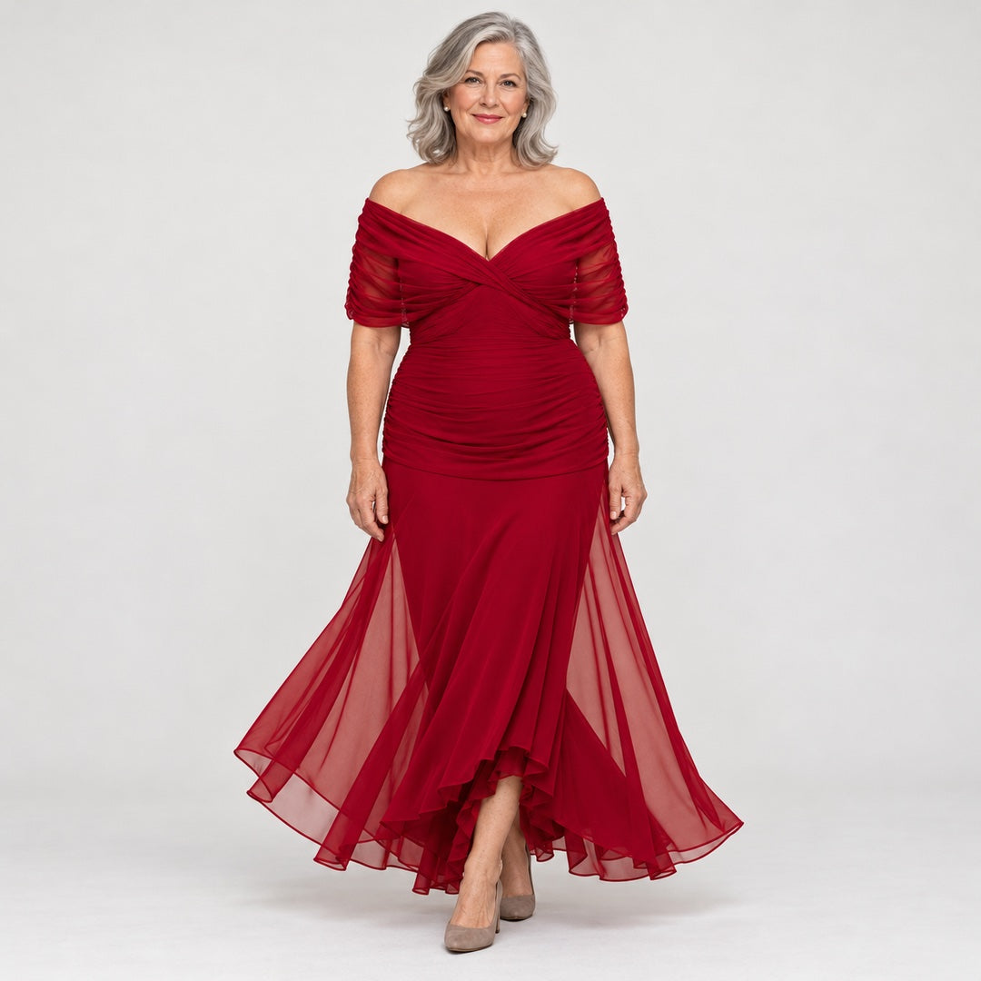 The Felicity Draped V-Neck Chiffon Evening Maxi Dress in Deep Red