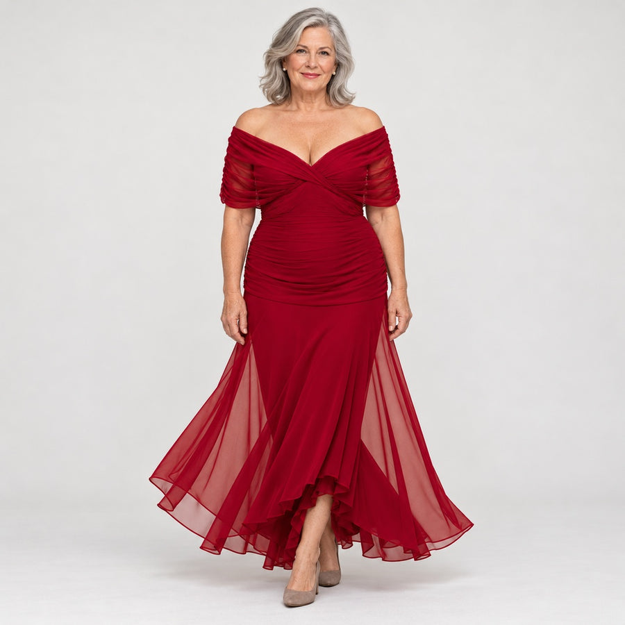 The Felicity Draped V-Neck Chiffon Evening Maxi Dress in Deep Red