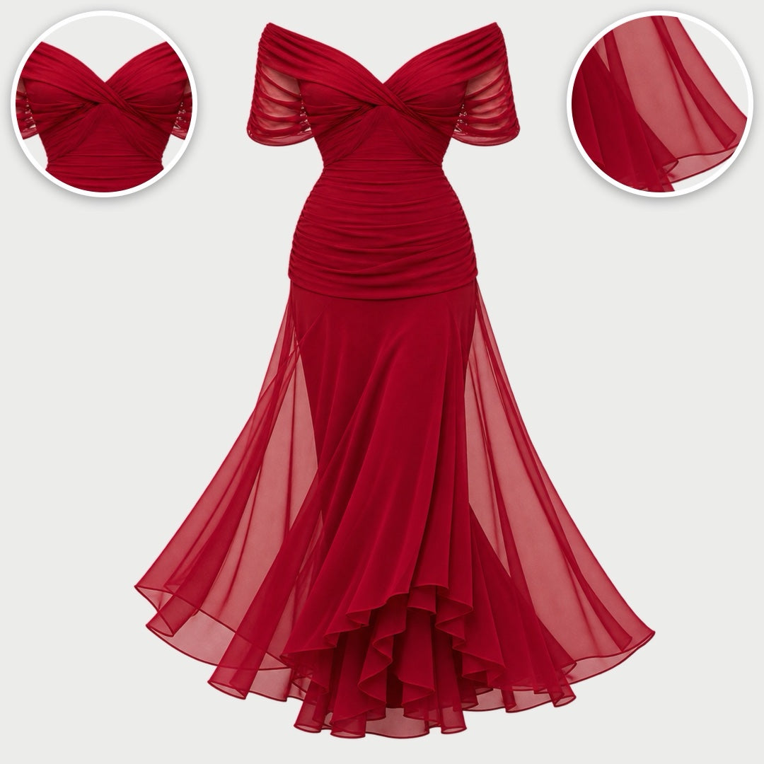 The Felicity Draped V-Neck Chiffon Evening Maxi Dress in Deep Red, with close-ups of the details