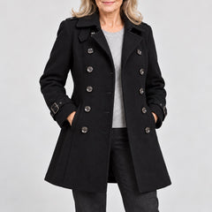 Close-up of the Frances Double-Breasted Longline Coat in Black