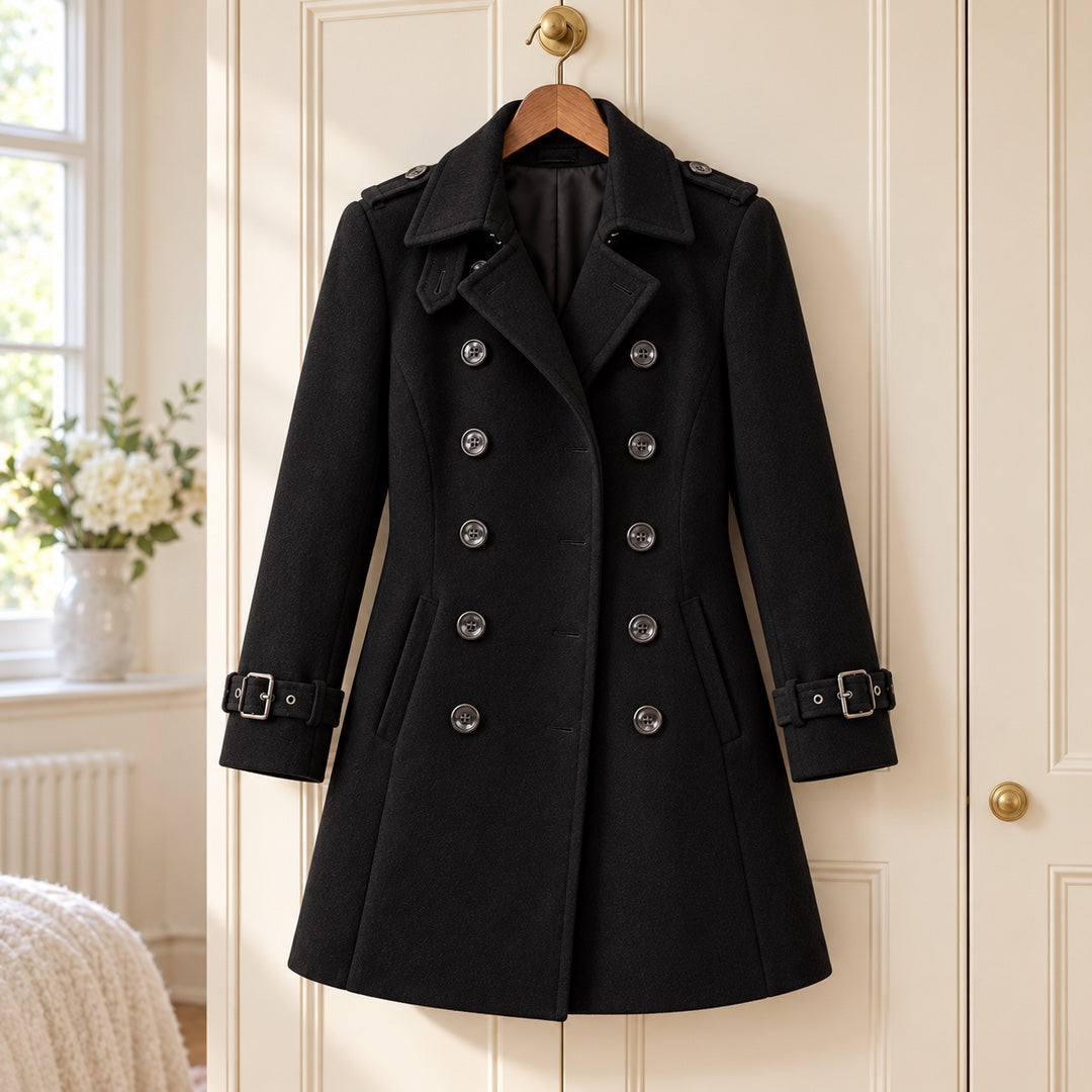 The Frances Double-Breasted Longline Coat in Black on a hanger