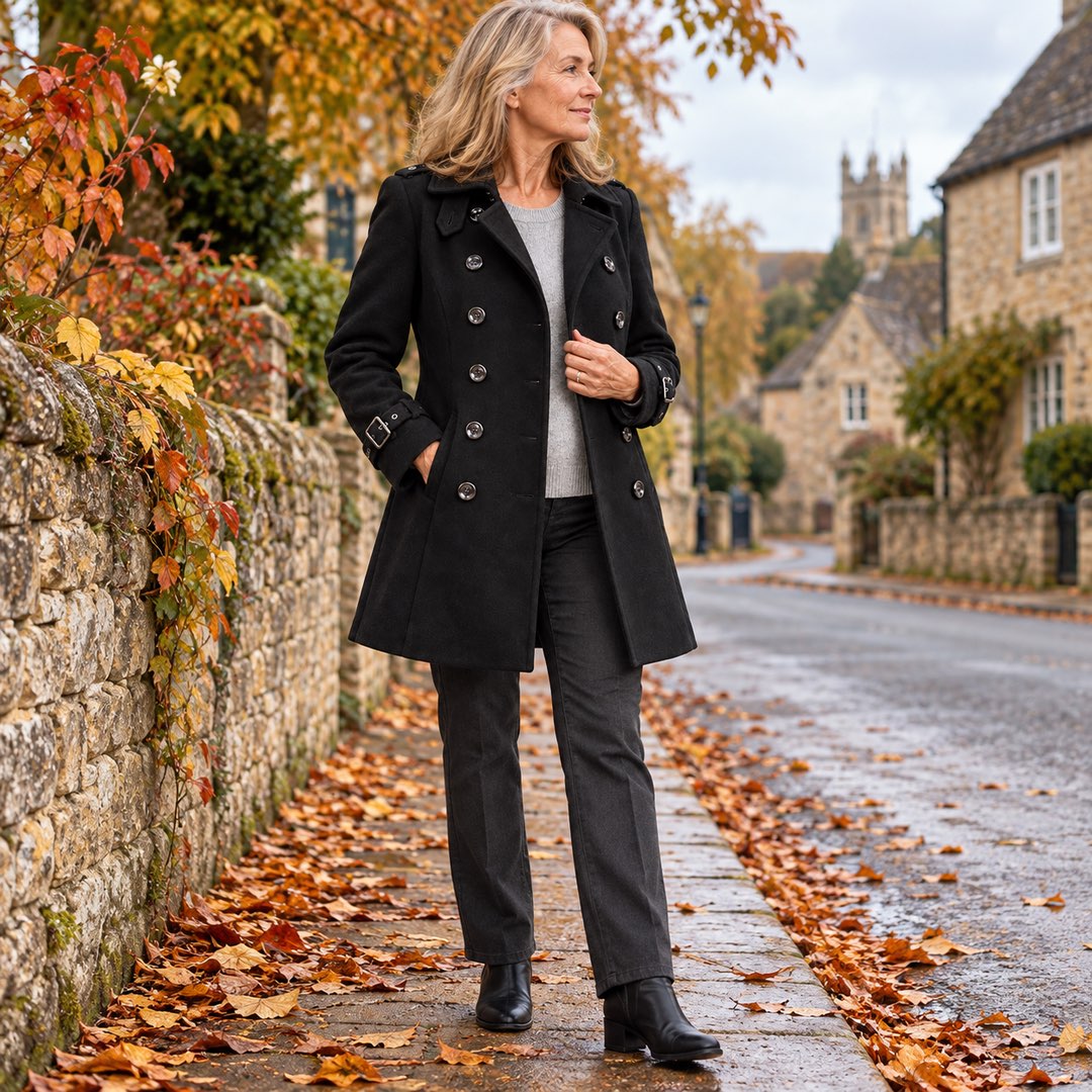 A woman wearing the Frances Double-Breasted Longline Coat in Black