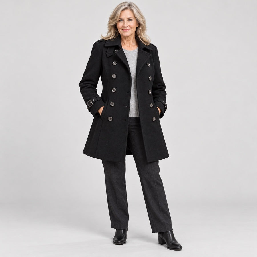 The Frances Double-Breasted Longline Coat in Black