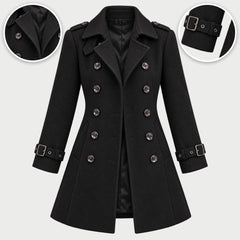 The Frances Double-Breasted Longline Coat in Black, with close-ups of the details