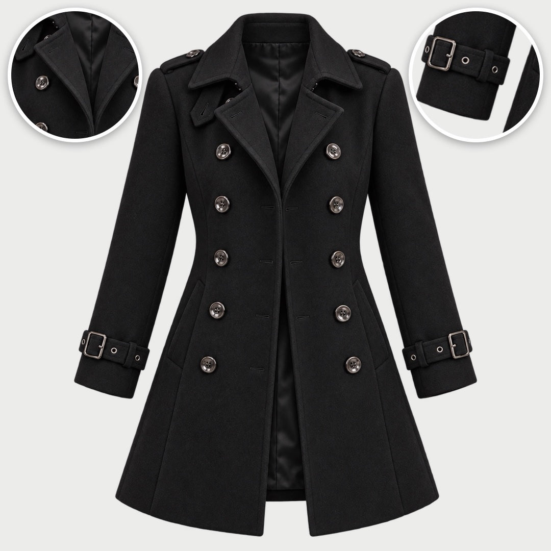 The Frances Double-Breasted Longline Coat in Black, with close-ups of the details