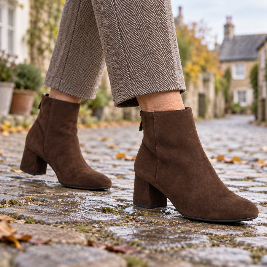 Gail Block Heel Suede-Look Ankle Boots in Brown, worn out and about