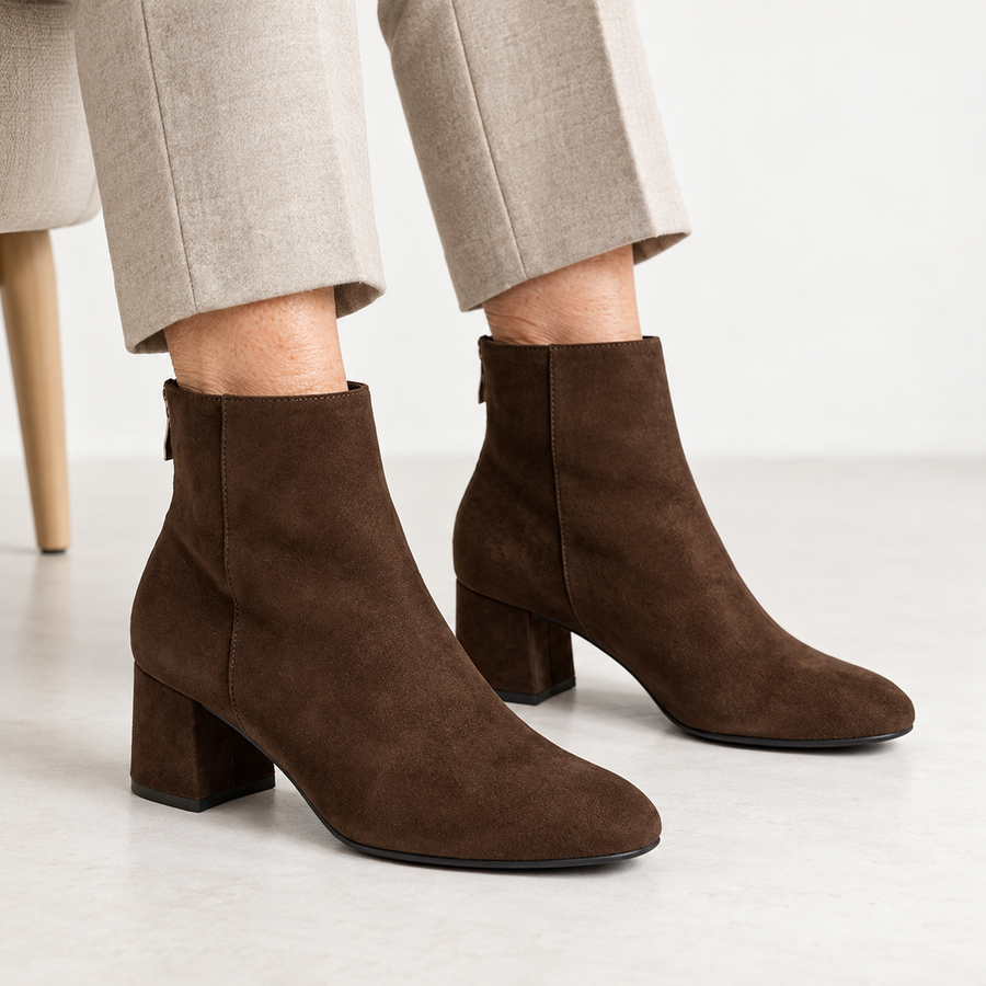 Gail Block Heel Suede-Look Ankle Boots in Brown