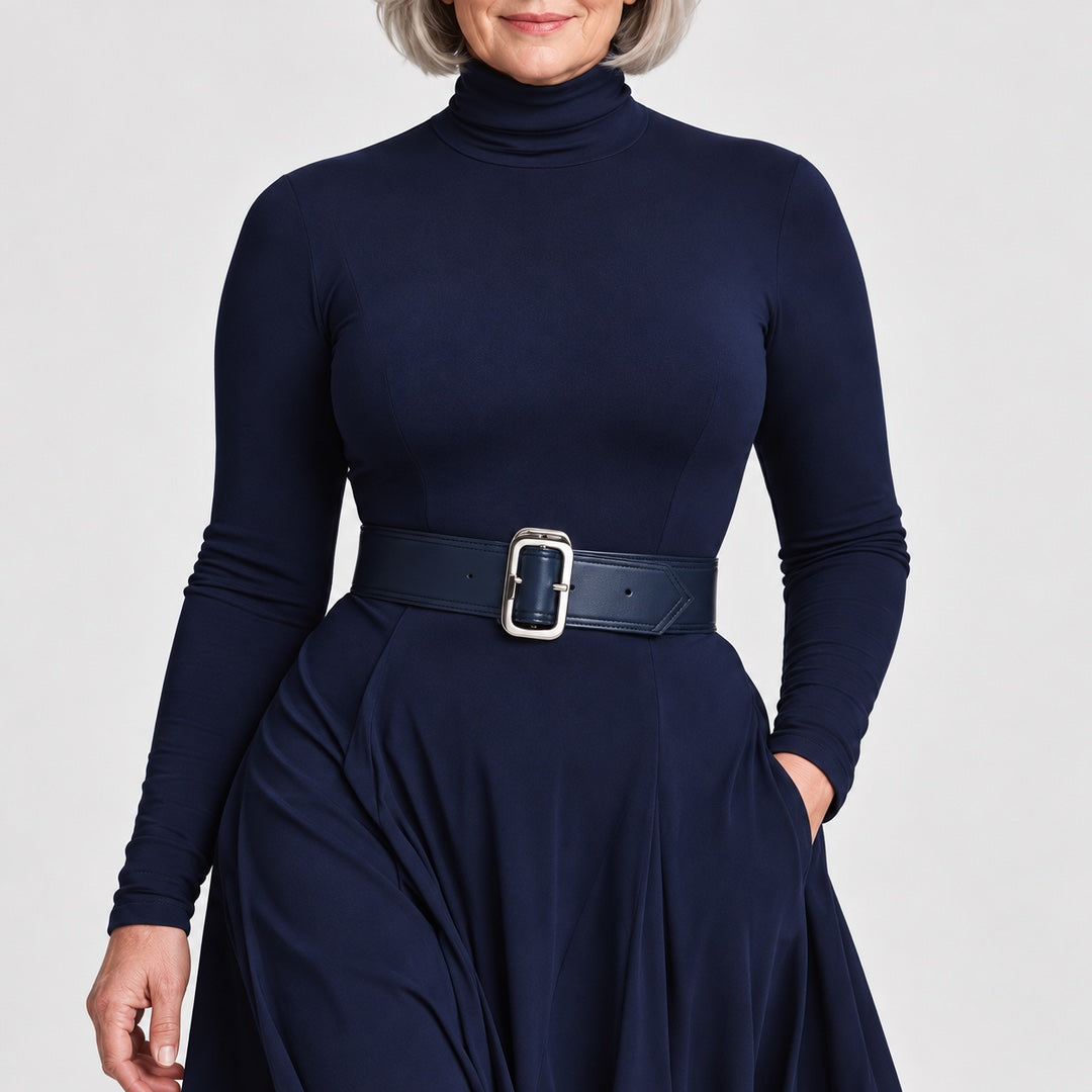 Gaynor Roll Neck Fitted Waist Maxi Dress in Navy, a closer look at the fit