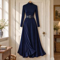 Gaynor Roll Neck Fitted Waist Maxi Dress in Navy on a hanger