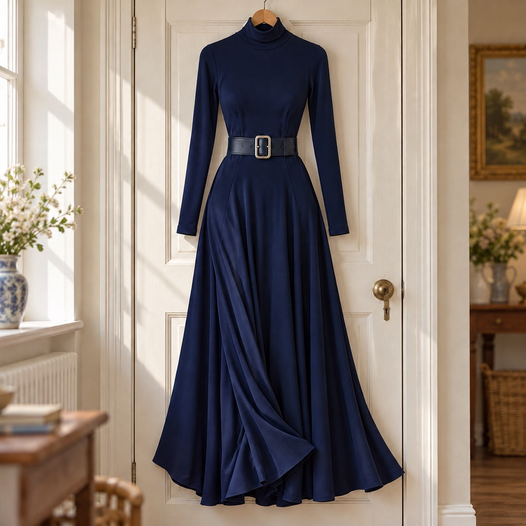 Gaynor Roll Neck Fitted Waist Maxi Dress in Navy on a hanger