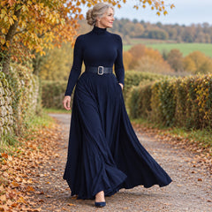 Gaynor Roll Neck Fitted Waist Maxi Dress in Navy, worn out and about