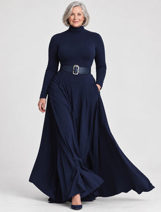 Gaynor Roll Neck Fitted Waist Maxi Dress in Navy
