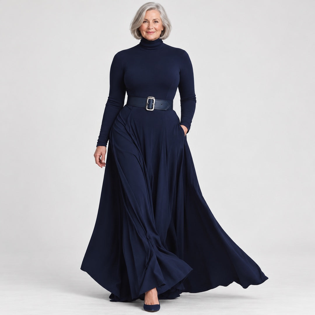 Gaynor Roll Neck Fitted Waist Maxi Dress in Navy
