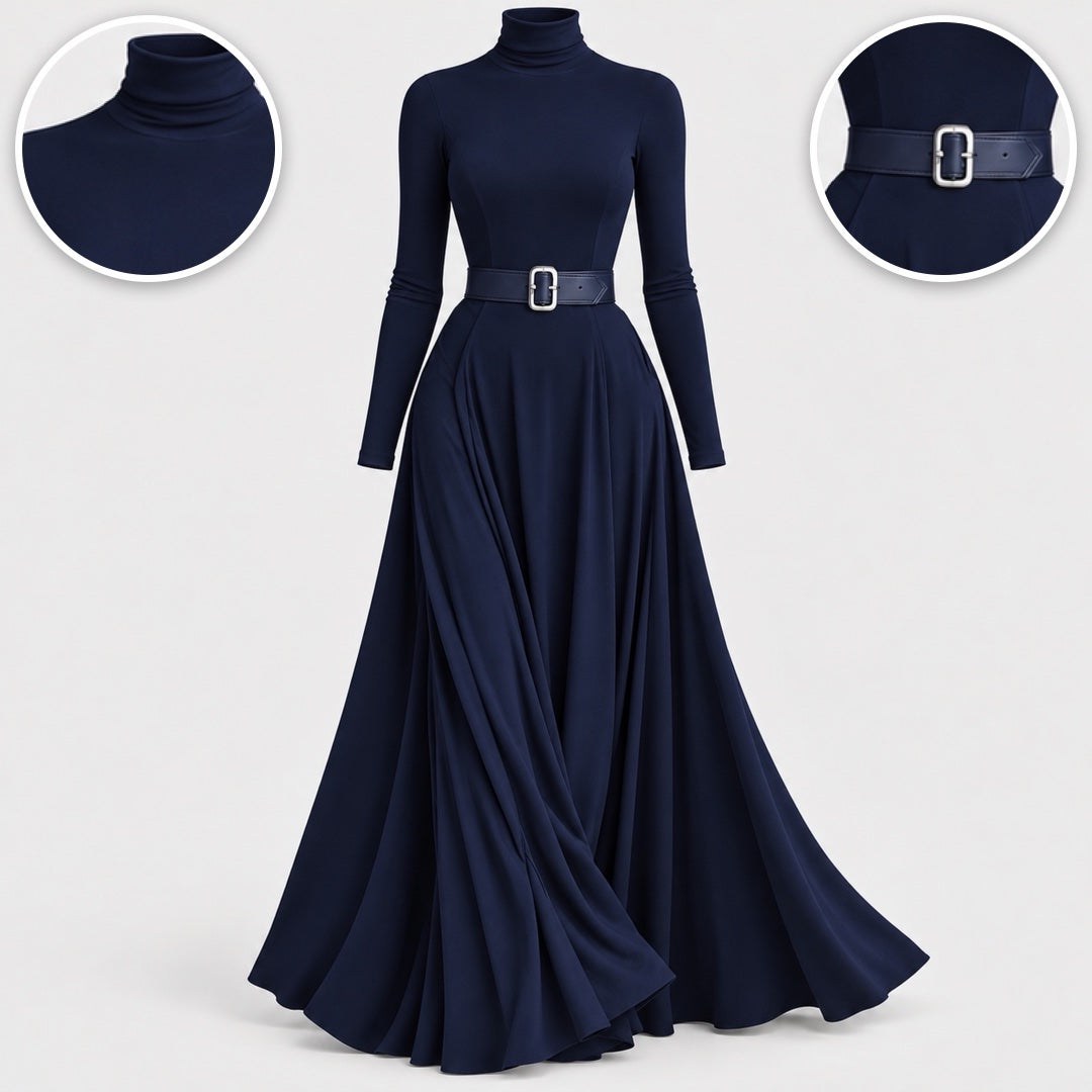 Gaynor Roll Neck Fitted Waist Maxi Dress in Navy, with close-ups of the details
