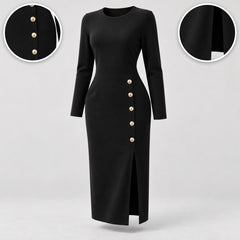 Geraldine dress details: gold buttons and front split