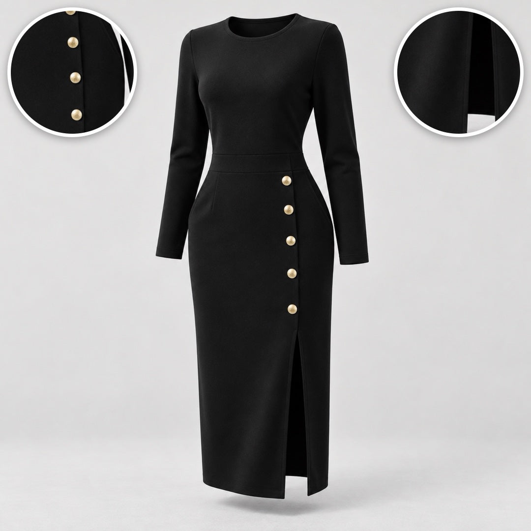 Geraldine dress details: gold buttons and front split