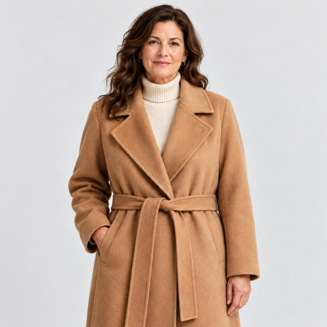 Close-up of the Gina Long Belted Wrap Coat in Camel