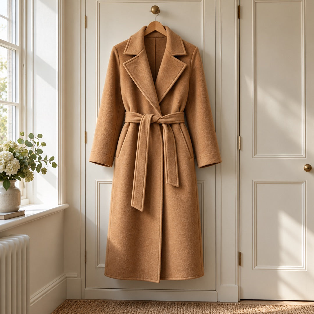The Gina Long Belted Wrap Coat in Camel on a hanger