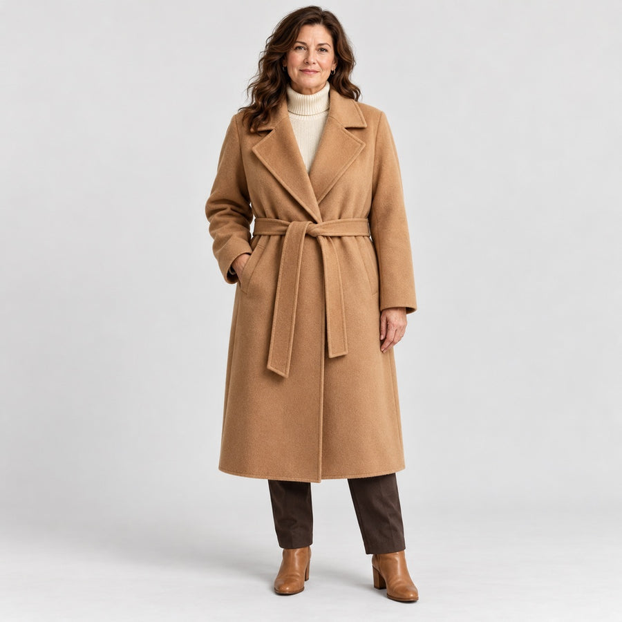 The Gina Long Belted Wrap Coat in Camel