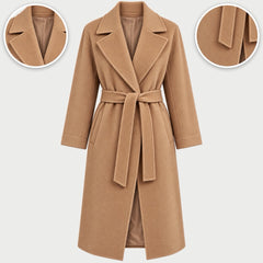 The Gina Long Belted Wrap Coat in Camel, with close-ups of the details