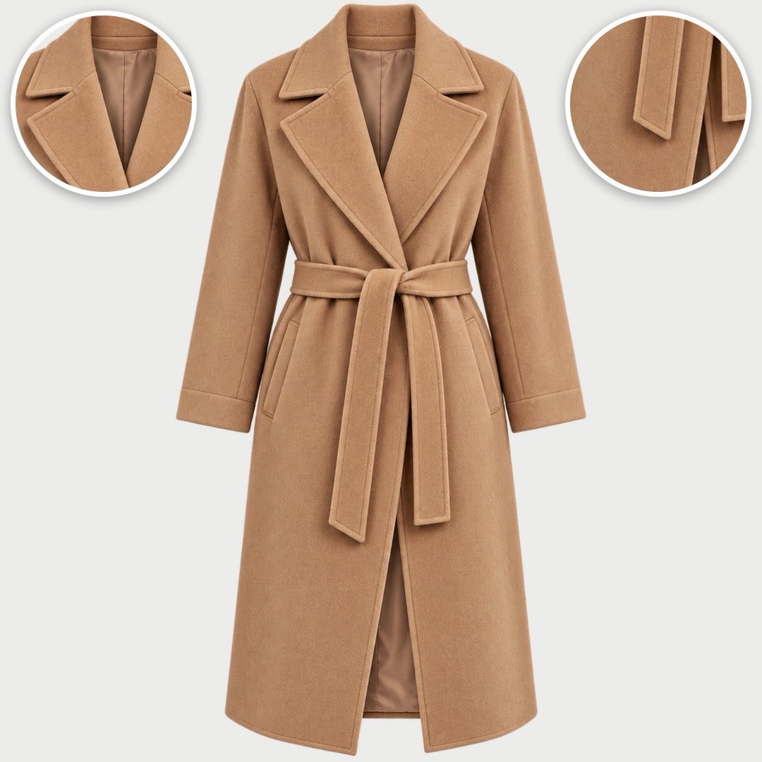 The Gina Long Belted Wrap Coat in Camel, with close-ups of the details